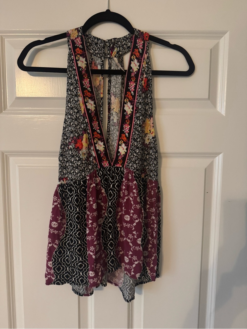 Free People Floral Patchwork Deep V Tank Top - Black & Purple
